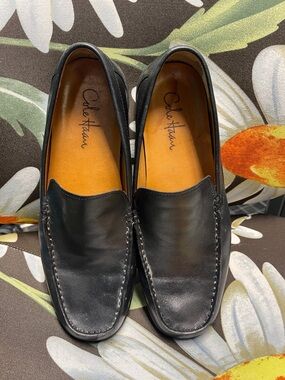 Cole Haan Black Leather Slip-On Loafers with Moc Toe Stitching